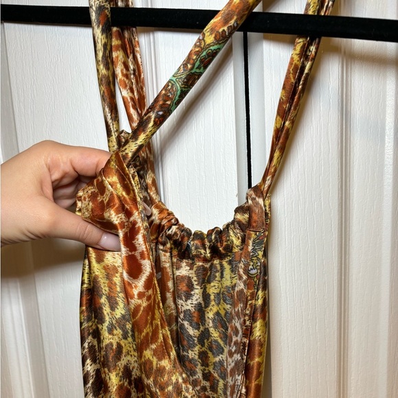 Boho Leopard Print Halter Maxi Dress Satin Animal Floral Paisley in Size S/M - Picture 4 of 8